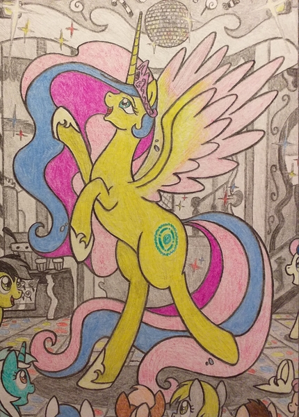 Size: 2133x2976 | Tagged: safe, artist:x-fang-z, derpibooru import, princess gold lily, alicorn, pony, bipedal, disco ball, ethereal mane, female, image, jpeg, mare, party, traditional art, wings