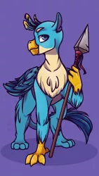 Size: 640x1136 | Tagged: safe, artist:aca-4, derpibooru import, gallus, gryphon, image, jpeg, looking at you, male, profile, purple background, simple background, solo, spear, weapon