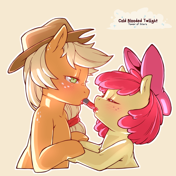Size: 1200x1200 | Tagged: suggestive, artist:cold-blooded-twilight, derpibooru import, apple bloom, applejack, pony, apple sisters, applecest, bloomjack, blushing, close-up, eyes closed, female, females only, filly, freckles, hat, holding hooves, image, incest, lesbian, lipstick, makeup, mare, mouth hold, png, ribbon, shipping, siblings, sisters