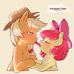 Size: 1200x1200 | Tagged: suggestive, artist:cold-blooded-twilight, derpibooru import, apple bloom, applejack, pony, apple sisters, applecest, bloomjack, blushing, close-up, eyes closed, female, females only, filly, freckles, hat, holding hooves, image, incest, lesbian, lipstick, makeup, mare, mouth hold, png, ribbon, shipping, siblings, sisters