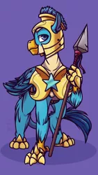 Size: 640x1136 | Tagged: safe, alternate version, artist:aca-4, derpibooru import, gallus, gryphon, the last problem, armor, helmet, image, jpeg, looking at you, male, profile, purple background, royal guard, royal guard gallus, simple background, solo, spear, weapon