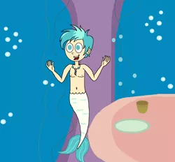 Size: 1609x1492 | Tagged: safe, derpibooru import, terramar, human, merboy, mermaid, merman, season 8, surf and/or turf, spoiler:s08, belly button, bubble, chest, cup, dish, humanized, image, jewelry, male, necklace, plate, png, scene interpretation, support beam, table, tail, underwater, vine