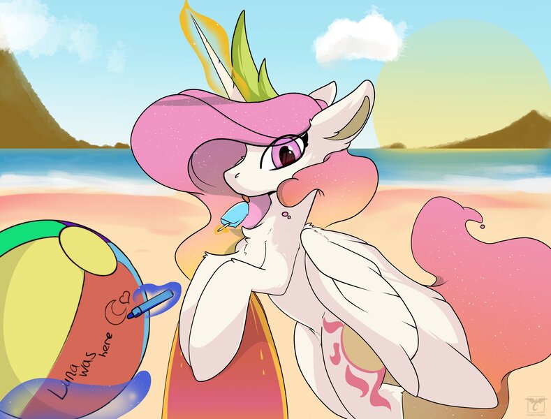 Size: 3600x2738 | Tagged: safe, artist:therealf1rebird, derpibooru import, princess celestia, alicorn, pony, beach, beach ball, food, horn, ice cream, image, implied princess luna, jpeg, looking at you, solo, sun, wings