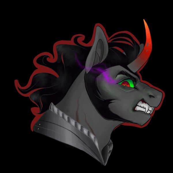 Size: 2048x2048 | Tagged: safe, artist:heinamaa1, derpibooru import, king sombra, pony, umbrum, unicorn, black background, fangs, image, jpeg, looking at you, male, missing accessory, scar, simple background, snarling, solo, stallion