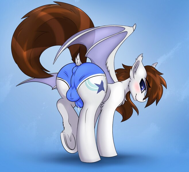Size: 2299x2096 | Tagged: questionable, alternate version, artist:kapusta123, derpibooru import, oc, oc:aero soarer, unofficial characters only, bat pony, bat pony oc, bat wings, blushing, butt, clothes, commission, crotch bulge, dock, femboy, image, jpeg, looking at you, looking back, male, nudity, panties, pissing, raised hoof, raised tail, simple background, solo, solo male, spread wings, tail, taint, underwear, urine, wetting, wings