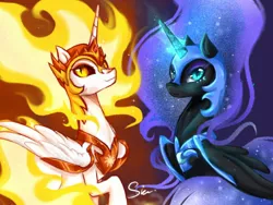 Size: 1024x768 | Tagged: safe, artist:midna77, derpibooru import, daybreaker, nightmare moon, alicorn, pony, blue eyes, blue mane, colored pupils, crown, female, fire, flowing mane, folded wings, glowing horn, helmet, horn, image, jewelry, jpeg, looking at you, mane of fire, regalia, signature, simple background, smiling, wings, yellow eyes