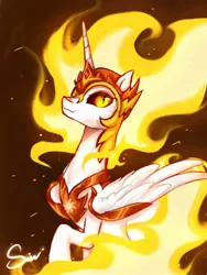 Size: 768x1024 | Tagged: safe, artist:midna77, derpibooru import, daybreaker, alicorn, pony, colored pupils, crown, female, fire, flowing mane, helmet, horn, image, jewelry, jpeg, looking at you, mane of fire, regalia, signature, simple background, smiling, solo, wings, yellow eyes