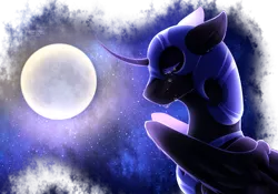 Size: 1144x800 | Tagged: safe, artist:kat-the-true-kitkat, derpibooru import, nightmare moon, alicorn, pony, crying, digital art, eyelashes, eyes closed, female, folded wings, helmet, horn, image, moonlight, night, png, sad, simple background, sky, solo, stars, transparent background, wings