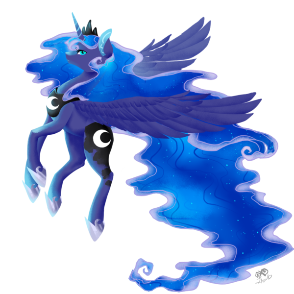 Size: 838x838 | Tagged: safe, artist:innanistacet, derpibooru import, princess luna, alicorn, pony, blue mane, crown, ethereal mane, female, flowing mane, flowing tail, flying, hoof shoes, horn, image, jewelry, png, regalia, signature, simple background, solo, spread wings, starry mane, transparent background, wings