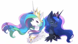 Size: 1280x723 | Tagged: safe, artist:yukina-namagaki, derpibooru import, princess celestia, princess luna, alicorn, pony, blue eyes, blue mane, bust, collar, crown, female, flowing mane, horn, image, jewelry, jpeg, multicolored hair, purple eyes, regalia, royal sisters, siblings, simple background, sisters, smiling, white background