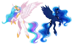 Size: 1280x794 | Tagged: safe, artist:angellightyt, derpibooru import, princess celestia, princess luna, alicorn, pony, blue mane, blushing, collaboration, crown, ear fluff, ethereal mane, female, flowing mane, flowing tail, flying, hoof shoes, horn, image, jewelry, multicolored hair, png, regalia, royal sisters, siblings, simple background, sisters, smiling, spread wings, starry mane, transparent background, wings