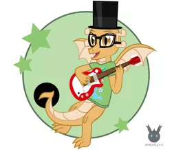 Size: 1466x1276 | Tagged: safe, artist:wheatley r.h., derpibooru import, oc, oc:myoozik the dragon, unofficial characters only, dragon, derpibooru exclusive, dragon oc, flying, guitar, happy, hat, image, jpeg, musical instrument, simple background, solo, stars, top hat