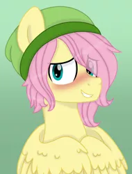 Size: 1720x2269 | Tagged: safe, artist:froyo15sugarblast, derpibooru import, fluttershy, pegasus, pony, beanie, blushing, butterscotch, eye clipping through hair, flutterguy, gradient background, grin, hair over one eye, hat, image, lighting, looking at you, male, png, rule 63, shading, shy, smiling, solo, spread wings, stallion, wings