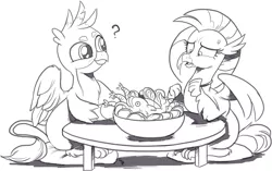 Size: 1408x885 | Tagged: safe, artist:nauyaco, derpibooru import, gallus, silverstream, classical hippogriff, fish, gryphon, hippogriff, carrot, female, food, gallstream, image, male, monochrome, png, seafood, shipping, straight, sweat, sweatdrop, this will end in tears