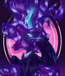 Size: 1200x1400 | Tagged: safe, artist:rainbowmoon2512, derpibooru import, princess luna, alicorn, pony, blue eyes, blue mane, crown, ethereal mane, female, flowing mane, glow, glowing horn, horn, image, jewelry, jpeg, necklace, open mouth, regalia, signature, simple background, smiling, solo, sparkles, starry mane, stars, tail, wingding eyes, wings