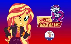 Size: 1599x999 | Tagged: safe, derpibooru import, sunset shimmer, equestria girls, equestria girls series, sunset's backstage pass!, spoiler:eqg series (season 2), chgb record, clothes, equestria girls logo, festival, image, jacket, jpeg, one eye closed, wallpaper, wink