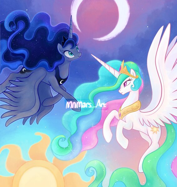 Size: 1848x1951 | Tagged: safe, artist:mn27, derpibooru import, princess celestia, princess luna, alicorn, pony, crescent moon, day, duo, female, flying, image, jpeg, mare, moon, night, profile, royal sisters, siblings, sisters, spread wings, sun, wings