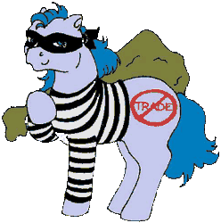 Size: 300x302 | Tagged: safe, artist:the land of bliss, derpibooru import, oc, oc:bad traders pony, earth pony, pony, bag, clothes, earth pony oc, eye mask, g1, g1 oc, gif, holding, image, lowres, mask, sack, shirt, simple background, solo, striped shirt, transparent background