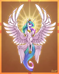 Size: 3262x4096 | Tagged: safe, artist:danton-y17, derpibooru import, princess celestia, alicorn, pony, backlit, female, flying, four wings, image, jpeg, mare, multiple wings, signature, smiling, solo, spread wings, sun, wings