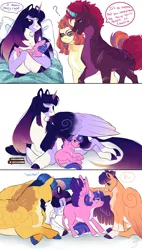 Size: 1700x3000 | Tagged: safe, artist:theartfox2468, derpibooru import, fizzlepop berrytwist, flash sentry, moondancer, tempest shadow, twilight sparkle, twilight sparkle (alicorn), oc, oc:estella sparkle, alicorn, pegasus, pony, unicorn, alicorn oc, alternate hairstyle, baby, book, brother and sister, colt, comic, confused, eye scar, eyes closed, father and child, father and daughter, father and son, female, filly, flashlight, glasses, horn, image, leonine tail, male, mare, markings, mother and child, mother and daughter, mother and son, offspring, parent:flash sentry, parent:twilight sparkle, parents:flashlight, pillow, png, prosthetic horn, prosthetics, question mark, redesign, scar, shipping, siblings, simple background, stallion, straight, tempest gets her horn back, unshorn fetlocks, wall of tags, white background, wings