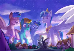 Size: 2000x1372 | Tagged: safe, artist:tsitra360, derpibooru import, oc, oc:david starlyre, oc:fireshy, oc:prince endearment, oc:white night, unofficial characters only, alicorn, earth pony, pegasus, pony, unicorn, alicorn oc, building, caretaker, cutie mark, earth pony oc, eyes closed, giant pony, grass, horn, house, image, jpeg, macro, male, open mouth, pegasus oc, spread wings, stallion, statue, town, unicorn oc, wings