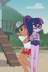 Size: 225x338 | Tagged: safe, derpibooru import, screencap, sci-twi, sunset shimmer, timber spruce, twilight sparkle, human, equestria girls, equestria girls series, unsolved selfie mysteries, beach, blushing, cap, clothes, coward, cropped, female, gif, glasses, hat, image, male, offscreen character, pathetic, sandals, sci-twi is not amused, swimsuit, trio, whistle