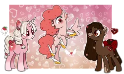 Size: 2772x1648 | Tagged: safe, artist:smilesupsidedown, derpibooru import, oc, unofficial characters only, earth pony, pegasus, pony, unicorn, blushing, bow, earth pony oc, eyelashes, feathered fetlocks, female, flying, heart, horn, image, mare, open mouth, pegasus oc, png, simple background, smiling, tail bow, transparent background, unicorn oc, wings