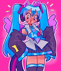 Size: 1750x2048 | Tagged: safe, artist:alexbeeza, derpibooru import, twilight sparkle, human, anime, barely pony related, clothes, cosplay, costume, crossover, cute, cutie mark, detached sleeves, female, hairband, hatsune miku, image, jpeg, necktie, open mouth, pegasister, pink background, shirt, simple background, skirt, solo