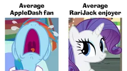 Size: 640x360 | Tagged: safe, derpibooru import, screencap, rainbow dash, rarity, pegasus, pony, unicorn, rarity takes manehattan, tanks for the memories, caption, comparison, crying, female, image, image macro, implied appledash, implied applejack, implied lesbian, implied rarijack, implied shipping, mare, meme, nose in the air, png, shipping, shipping denied, text, uvula, volumetric mouth