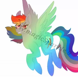 Size: 1018x1002 | Tagged: safe, artist:t.w.magicsparkel.9, derpibooru import, rainbow dash, pegasus, pony, eyelashes, female, flying, image, jpeg, mare, simple background, smiling, smirk, solo, watermark, white background, wings