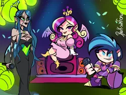 Size: 1024x768 | Tagged: artist needed, safe, derpibooru import, princess cadance, queen chrysalis, shining armor, changeling, changeling queen, human, crossover, cute, female, friday night funkin', humanized, image, jpeg, light show, microphone, singing, speakers, winged humanization, wings
