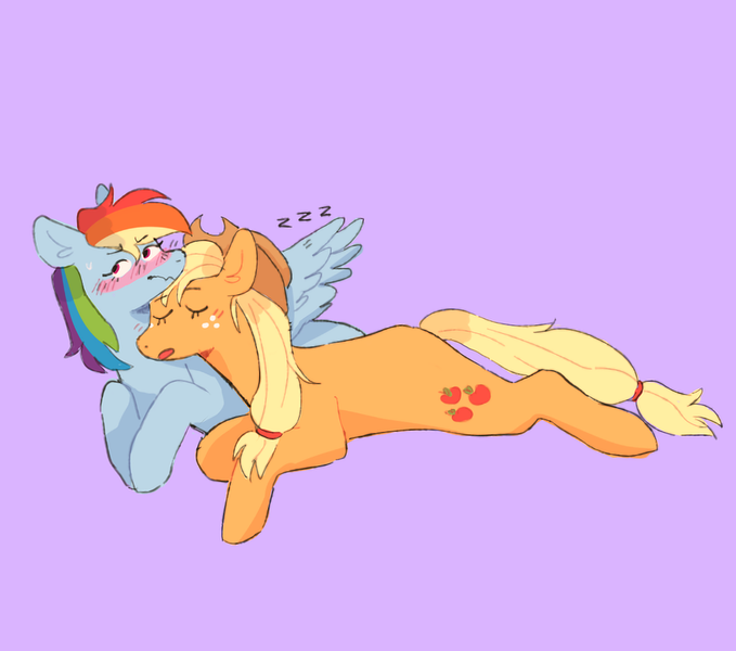 Size: 871x770 | Tagged: safe, artist:vampurin, derpibooru import, applejack, rainbow dash, earth pony, pegasus, pony, appledash, blushing, duo, eyes closed, female, freckles, hat, head on shoulder, image, leaning on someone, lesbian, looking away, lying down, one wing out, onomatopoeia, open mouth, png, purple background, shipping, simple background, sleeping, sound effects, spread wings, stretched, sweat, sweatdrop, wavy mouth, wings, zzz