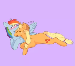 Size: 871x770 | Tagged: safe, artist:vampurin, derpibooru import, applejack, rainbow dash, earth pony, pegasus, pony, appledash, blushing, duo, eyes closed, female, freckles, hat, head on shoulder, image, leaning on someone, lesbian, looking away, lying down, one wing out, onomatopoeia, open mouth, png, purple background, shipping, simple background, sleeping, sound effects, spread wings, stretched, sweat, sweatdrop, wavy mouth, wings, zzz