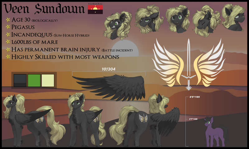 Size: 5000x3000 | Tagged: safe, artist:nsilverdraws, artist:veen, derpibooru import, oc, oc:astral moonsyde, oc:veen sundown, unofficial characters only, horse, pegasus, pony, unicorn, adorkable, backstory, bio in description, blonde, chest fluff, cute, cutie mark, dork, duo, ear piercing, female, flag, happy, high res, image, jewelry, laughing, leg fluff, male, mare, name, pegasus oc, piercing, png, ponytail, reference sheet, size comparison, size difference, smug, spread wings, stallion, standing, startled, sundown clan, sunset, surprised, sword, taildock piercing, text, tired, weapon, wing piercing, wings
