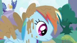 Size: 1920x1080 | Tagged: safe, derpibooru import, screencap, rainbow dash, pegasus, pony, friendship is magic, covered in mud, female, image, mare, mud, png, solo