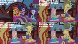 Size: 1280x720 | Tagged: safe, derpibooru import, edit, edited screencap, editor:quoterific, screencap, applejack, fluttershy, rarity, sci-twi, sunset shimmer, twilight sparkle, equestria girls, equestria girls series, holidays unwrapped, spoiler:eqg series (season 2), applejack's hat, belt, blizzard or bust, book, boots, bowtie, bracelet, clothes, cowboy boots, cowboy hat, cutie mark, cutie mark on clothes, denim skirt, eyes closed, geode of fauna, geode of shielding, geode of super strength, geode of telekinesis, glasses, hairpin, hat, image, jacket, jewelry, leather, leather jacket, magical geodes, necklace, open mouth, png, ponytail, rarity peplum dress, sandals, shoes, skirt