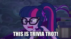 Size: 888x499 | Tagged: safe, derpibooru import, sci-twi, twilight sparkle, a trivial pursuit, equestria girls, equestria girls series, spring breakdown, spoiler:eqg series (season 2), image, jpeg, meme, ragelight sparkle, sci-twi is not amused, this is trivia trot