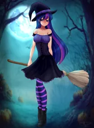 Size: 4641x6292 | Tagged: safe, artist:megabait, derpibooru import, twilight sparkle, oc, human, broom, clothes, corset, full moon, halloween, hat, holiday, humanized, image, mare in the moon, moon, png, pumpkin, socks, striped socks, witch