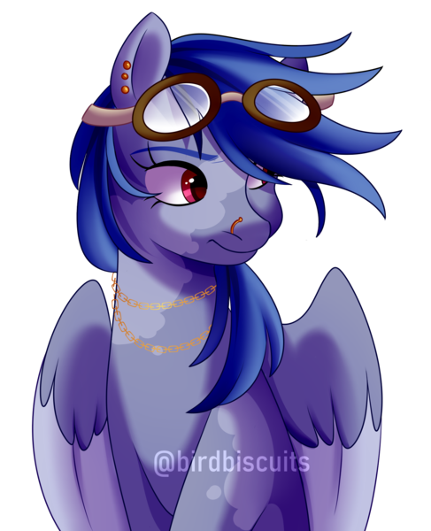 Size: 1458x1795 | Tagged: safe, artist:birdbiscuits, derpibooru import, rainbow dash, pony, alternate hair color, ear piercing, goggles, image, nose piercing, piercing, png, rainbow-less dash, simple background, solo, transparent background