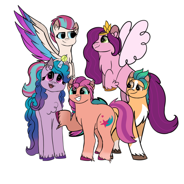 Size: 4096x4096 | Tagged: safe, artist:birbnerd17, derpibooru import, hitch trailblazer, izzy moonbow, pipp petals, sunny starscout, zipp storm, earth pony, pegasus, pony, unicorn, absurd resolution, ball, blaze (coat marking), chest fluff, coat markings, colored wings, ear fluff, female, flying, g5, hoof fluff, horn, horn guard, horn impalement, hornball, image, izzy's tennis ball, looking at each other, male, mane five (g5), mare, multicolored wings, open mouth, pale belly, png, raised hoof, simple background, smiling, socks (coat marking), stallion, tennis ball, transparent background, unshorn fetlocks, wings