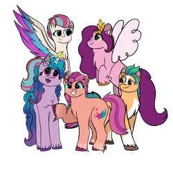 Size: 4096x4096 | Tagged: safe, artist:birbnerd17, derpibooru import, hitch trailblazer, izzy moonbow, pipp petals, sunny starscout, zipp storm, earth pony, pegasus, pony, unicorn, absurd resolution, ball, blaze (coat marking), chest fluff, coat markings, colored wings, ear fluff, female, flying, g5, hoof fluff, horn, horn guard, horn impalement, hornball, image, izzy's tennis ball, looking at each other, male, mane five (g5), mare, multicolored wings, open mouth, pale belly, png, raised hoof, simple background, smiling, socks (coat marking), stallion, tennis ball, transparent background, unshorn fetlocks, wings