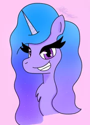 Size: 720x1003 | Tagged: safe, artist:bluetifulyt, derpibooru import, izzy moonbow, pony, unicorn, bust, chest fluff, eyelashes, female, g5, gradient background, grin, image, looking at you, mare, png, portrait, signature, smiling, solo, teeth