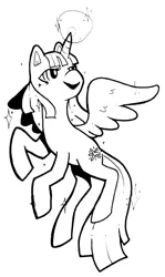 Size: 483x810 | Tagged: safe, artist:aa-ko-sama, derpibooru import, twilight sparkle, twilight sparkle (alicorn), alicorn, pony, female, flying, glowing horn, horn, image, lineart, looking back, mare, monochrome, png, simple background, solo, white background, wings