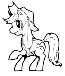 Size: 1256x1468 | Tagged: safe, artist:aa-ko-sama, derpibooru import, applejack, earth pony, pony, eyelashes, freckles, hat, image, jpeg, lineart, monochrome, raised tail, simple background, smiling, solo, tail, white background