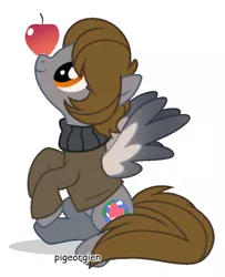 Size: 653x804 | Tagged: safe, artist:pigeorgien, derpibooru import, oc, oc:georgia livian, unofficial characters only, pegasus, pony, apple, base used, clothes, cute, female, food, image, mare, png, show accurate, solo, spread wings, sweater, wings