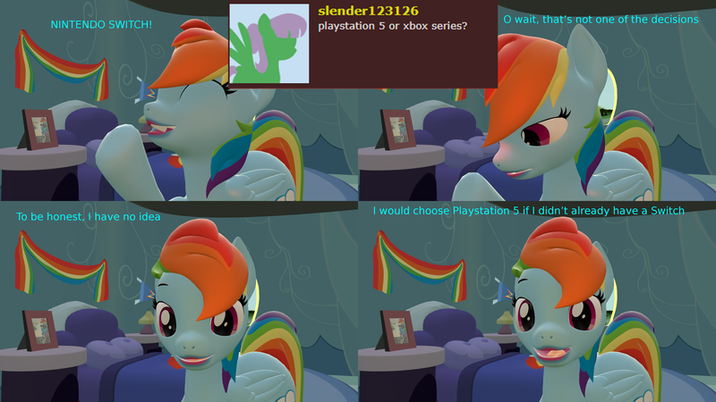 Size: 3840x2160 | Tagged: safe, artist:sexy rd, derpibooru import, rainbow dash, pegasus, pony, series:ask sexy rainbow dash, 3d, alternate universe, ask, blushing, butt, comic, female, happy, high res, image, large butt, lipstick, mare, plot, png, rainbow dash's bedroom, rainbow dash's house, rainbutt dash, revamped ponies, room, solo, source filmmaker