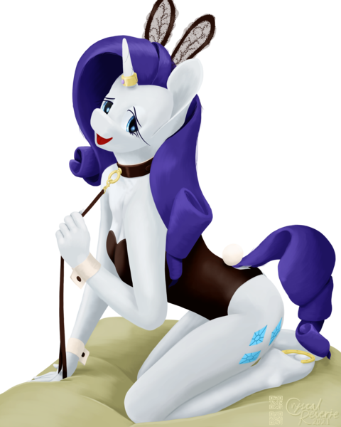 Size: 2160x2700 | Tagged: suggestive, alternate version, artist:alicorn-without-horn, derpibooru import, rarity, anthro, unguligrade anthro, unicorn, breasts, bunny ears, bunny suit, clothes, collar, cuffs (clothes), cushion, female, high res, horn, horn ring, horseshoes, image, jewelry, leash, leotard, png, ring, simple background, solo, solo female, transparent background