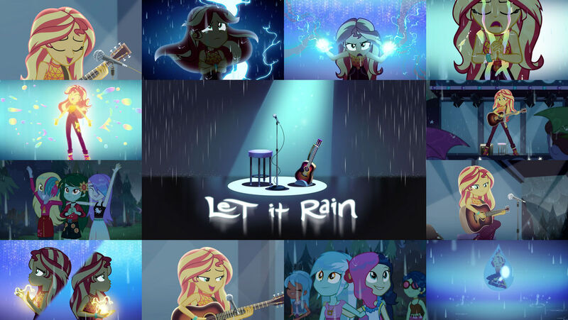 Size: 1280x721 | Tagged: safe, derpibooru import, edit, edited screencap, editor:quoterific, screencap, bon bon, lyra heartstrings, sunset shimmer, sweetie drops, wallflower blush, equestria girls, equestria girls series, let it rain, spoiler:eqg series (season 2), clothes, cutie mark, cutie mark on clothes, eyes closed, geode of empathy, guitar, image, jpeg, lighting, magical geodes, microphone, microphone stand, music festival outfit, musical instrument, open mouth, rain, singing