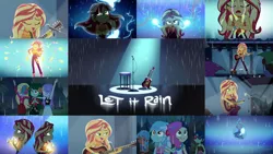 Size: 1280x721 | Tagged: safe, derpibooru import, edit, edited screencap, editor:quoterific, screencap, bon bon, lyra heartstrings, sunset shimmer, sweetie drops, wallflower blush, equestria girls, equestria girls series, let it rain, spoiler:eqg series (season 2), clothes, cutie mark, cutie mark on clothes, eyes closed, geode of empathy, guitar, image, jpeg, lighting, magical geodes, microphone, microphone stand, music festival outfit, musical instrument, open mouth, rain, singing