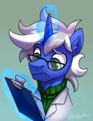 Size: 2000x2598 | Tagged: safe, artist:jedayskayvoker, derpibooru import, oc, oc:weird science, pony, unicorn, clipboard, clothes, eyebrows, eyebrows visible through hair, glasses, high res, horn, image, magic, male, png, science, scientist, sketch, solo, stallion, sweater, telekinesis, unicorn oc